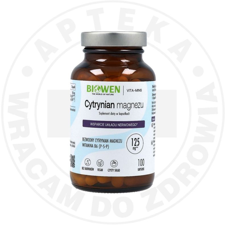 Biowen Cytrynian magnezu + B6 Kapsułki 125 mg magnezu, 100 kapsułek